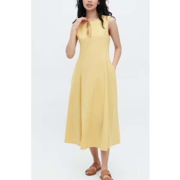 Uniqlo Size Large Yellow Ultra Stretch Midi Dress Neutral Minimalist Layering - Picture 1 of 14